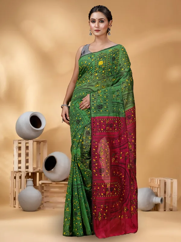 Green_Handloom_Cotton_Silk_Premium_Quality_Madhubani_Print_Soft_Saree_For_Women_With_Blouse_Piece