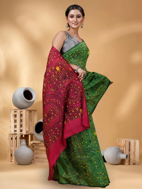 Green_Handloom_Cotton_Silk_Premium_Quality_Madhubani_Print_Soft_Saree_For_Women_With_Blouse_Piece