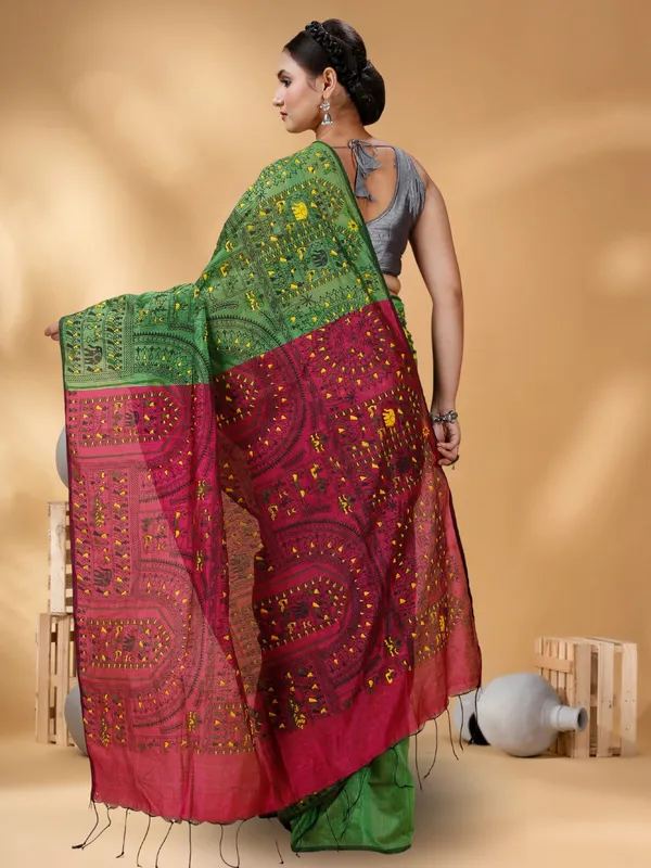 Green_Handloom_Cotton_Silk_Premium_Quality_Madhubani_Print_Soft_Saree_For_Women_With_Blouse_Piece