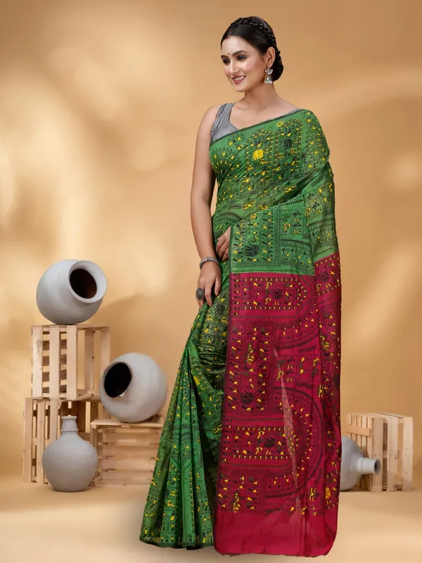 Green_Handloom_Cotton_Silk_Premium_Quality_Madhubani_Print_Soft_Saree_For_Women_With_Blouse_Piece