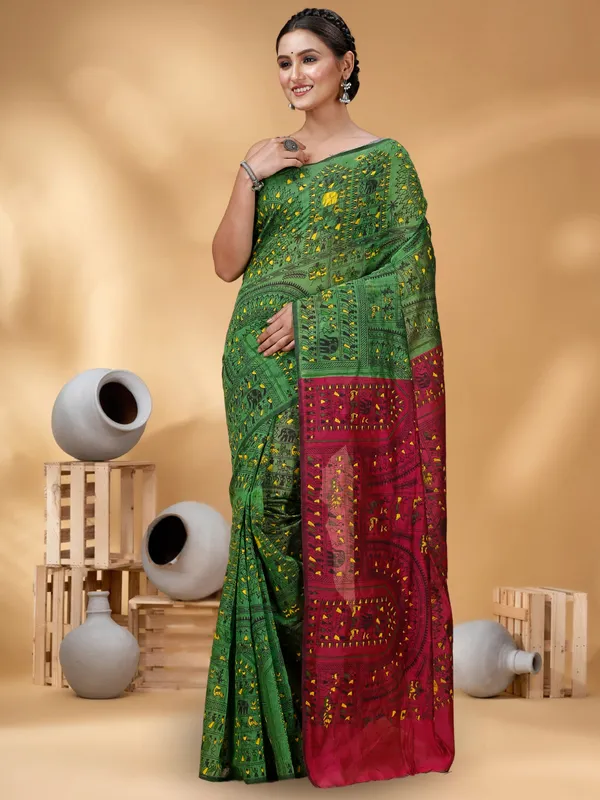 Green_Handloom_Cotton_Silk_Premium_Quality_Madhubani_Print_Soft_Saree_For_Women_With_Blouse_Piece