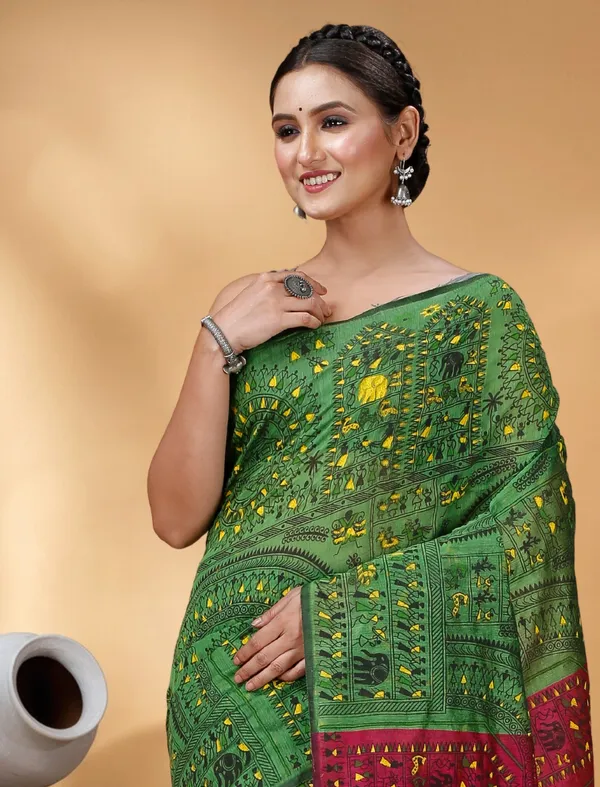 Green_Handloom_Cotton_Silk_Premium_Quality_Madhubani_Print_Soft_Saree_For_Women_With_Blouse_Piece