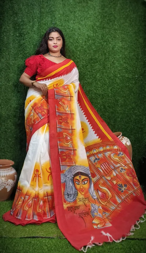 Puja_SpaHandloom_Premium_Cotton_Block_Print_Soft_Saree_For_Durga_Puja_With_Blouse_Pcs