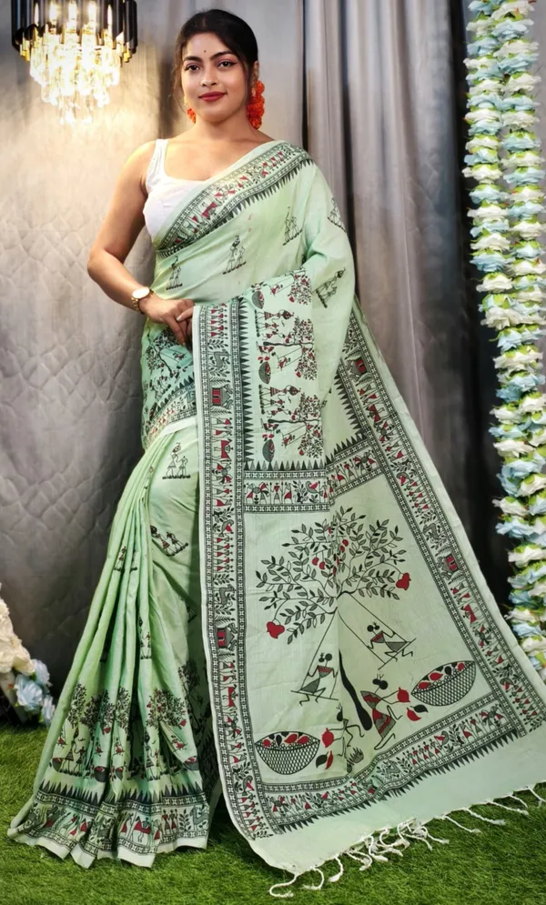 Aqua_Green_Authentic_Handloom_Cotton_Saree_with_Exquisite_Madhubani_Print_&_Blouse_Piece