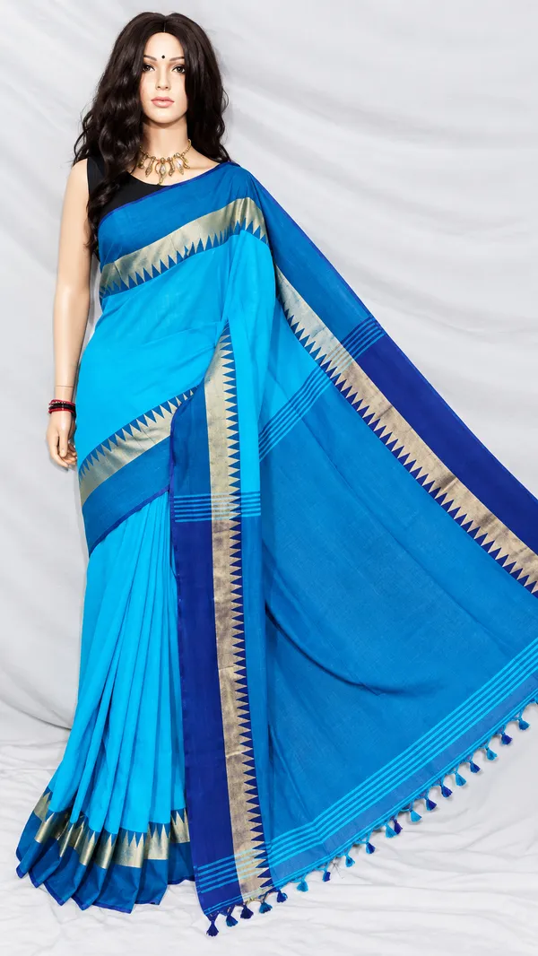 Sky_Blue_Authentic_Bengal_Handloom_Cotton_Saree__For_Women_With_Running_Blouse_Piece