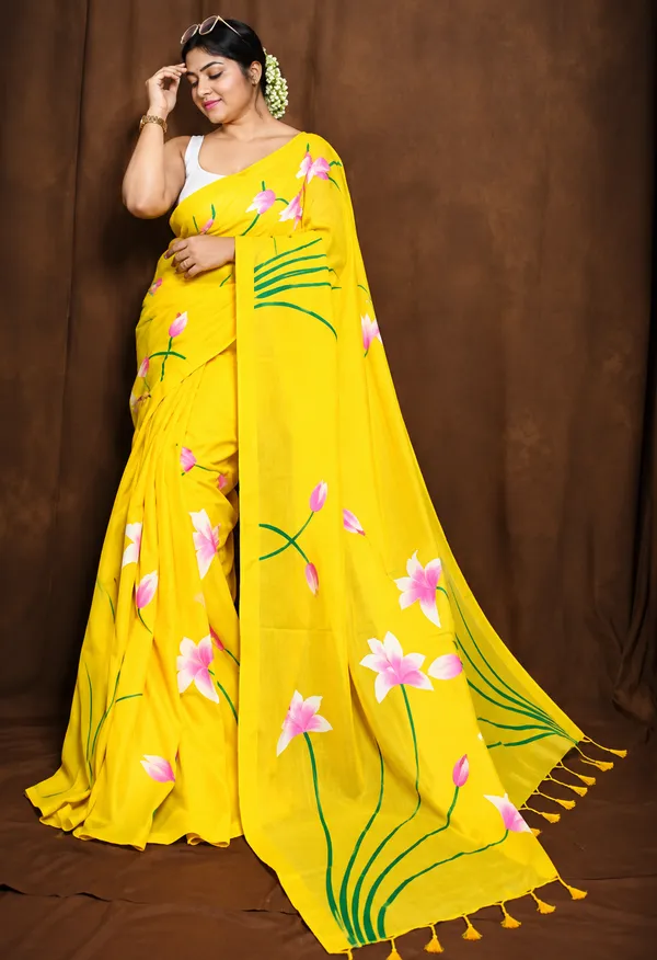 Yellow_Handloom_Premium_Quality_Lotus_Hand_Print_Cotton_Saree_For_Women_With_Blouse_Piece