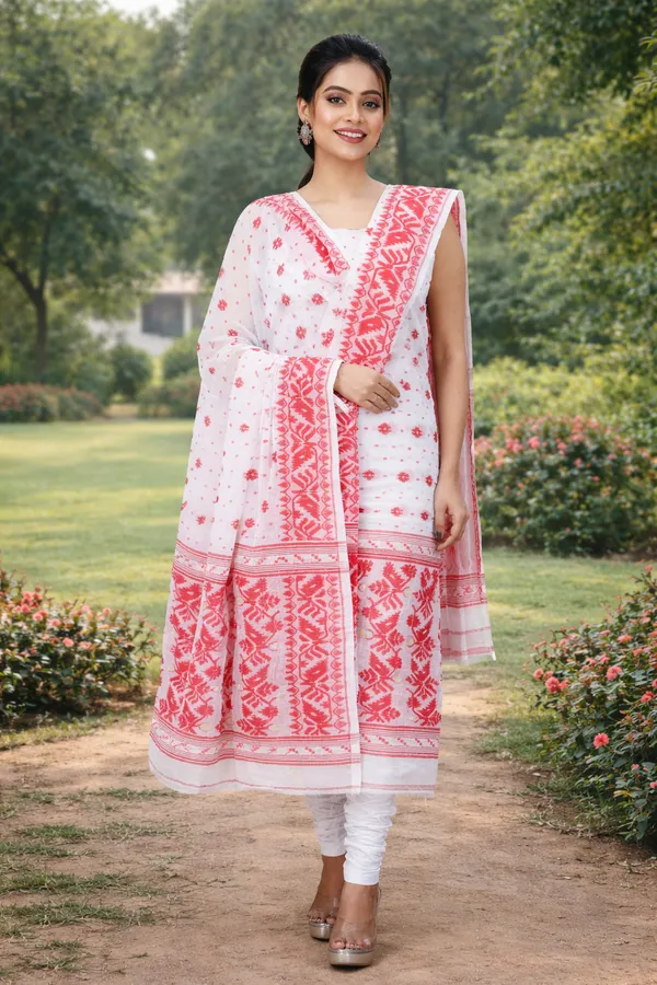 White_and_Red_Handloom_Dhakai_Jamdani_Unstitched_Silk_Suit_With_Dupatta