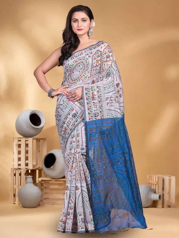 Ash_And_Sky_Blue_Handloom_Cotton_Silk_Premium_Quality_Madhubani_Print_Soft_Saree