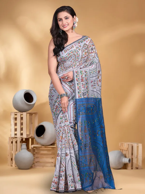Ash_And_Sky_Blue_Handloom_Cotton_Silk_Premium_Quality_Madhubani_Print_Soft_Saree