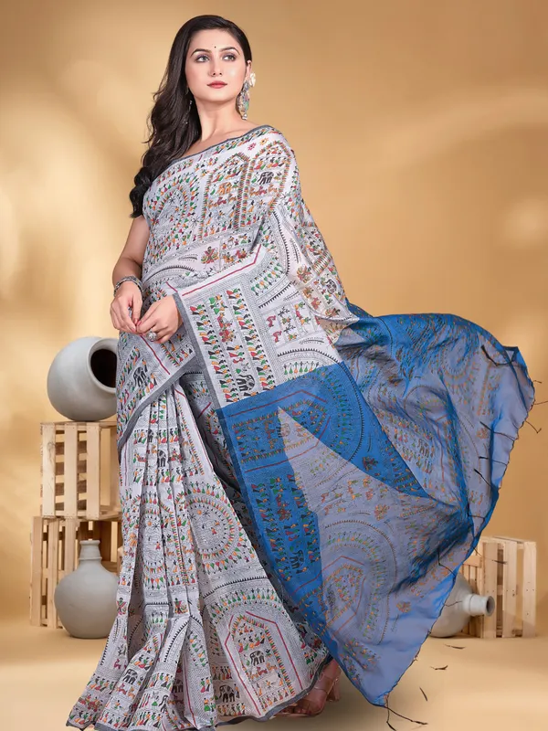 Ash_And_Sky_Blue_Handloom_Cotton_Silk_Premium_Quality_Madhubani_Print_Soft_Saree