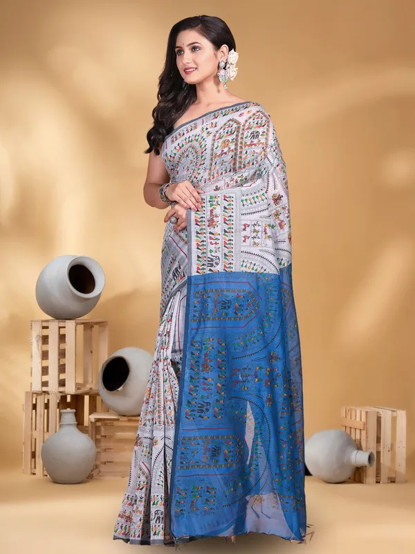 Ash_And_Sky_Blue_Handloom_Cotton_Silk_Premium_Quality_Madhubani_Print_Soft_Saree