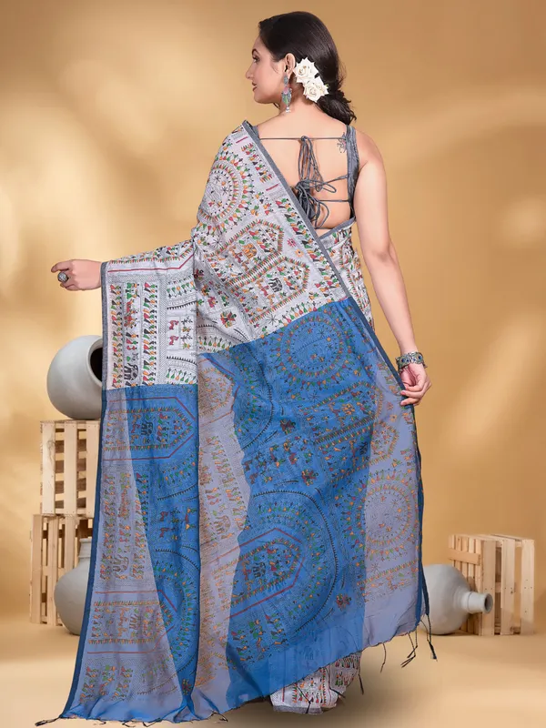 Ash_And_Sky_Blue_Handloom_Cotton_Silk_Premium_Quality_Madhubani_Print_Soft_Saree