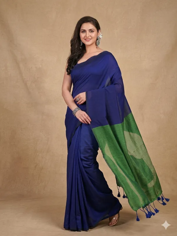 Blue_And_Green_Handloom_Premium_Quality_Pure_Contrast_Cotton_Soft_Saree_For_Women_With_Blouse_Piece