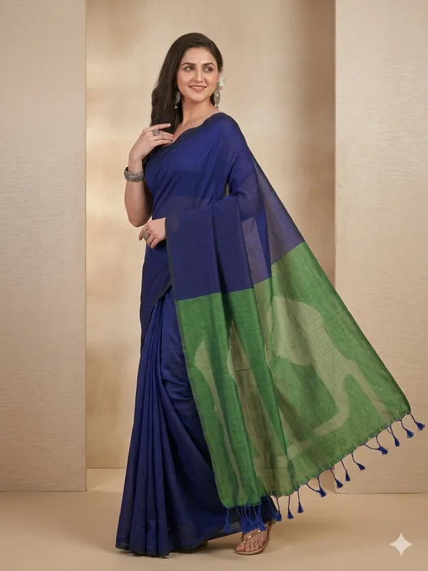Blue_And_Green_Handloom_Premium_Quality_Pure_Contrast_Cotton_Soft_Saree_For_Women_With_Blouse_Piece
