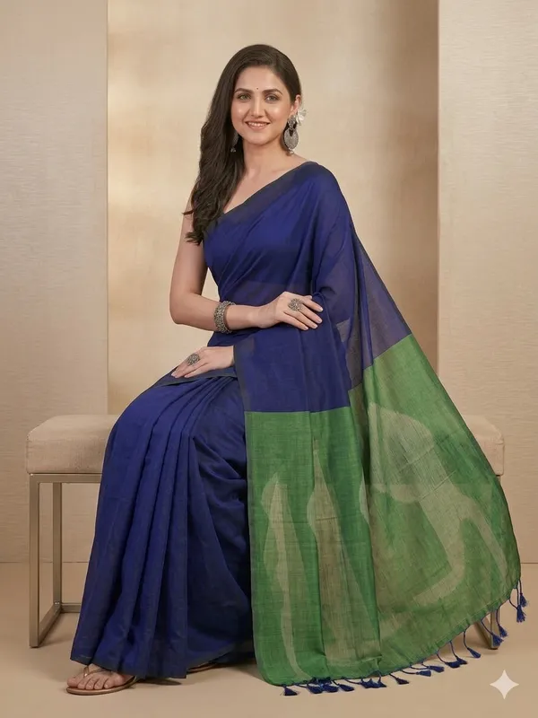 Blue_And_Green_Handloom_Premium_Quality_Pure_Contrast_Cotton_Soft_Saree_For_Women_With_Blouse_Piece