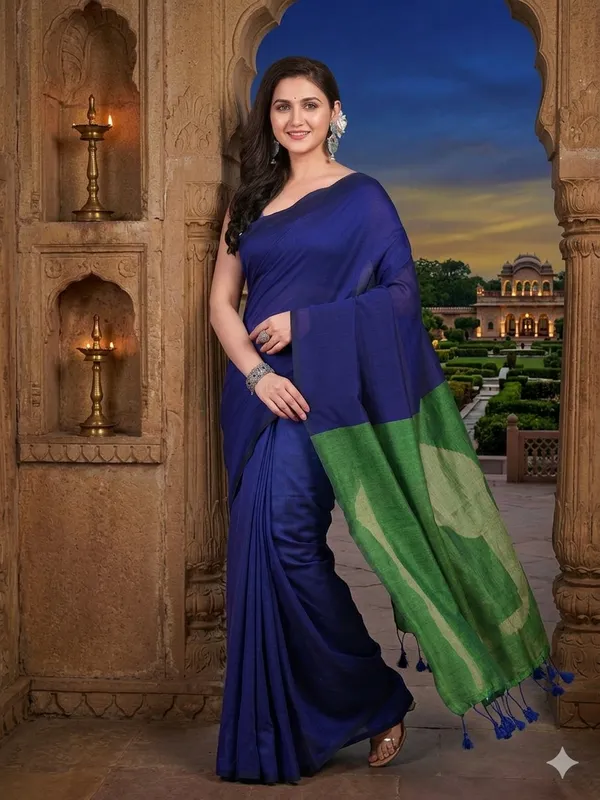 Blue_And_Green_Handloom_Premium_Quality_Pure_Contrast_Cotton_Soft_Saree_For_Women_With_Blouse_Piece