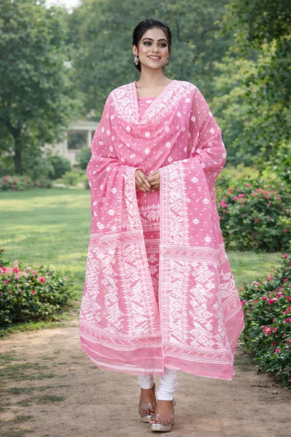 Pink_and_White_Handloom_Dhakai_Jamdani_Unstitched_Silk_Suit_With_Dupatta