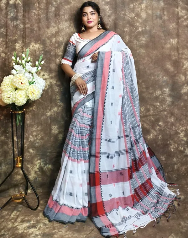 White_Handloom_Premium_Quality_Moddo_Moni_Cotton_Saree_For_Women_with_Blouse_Piece