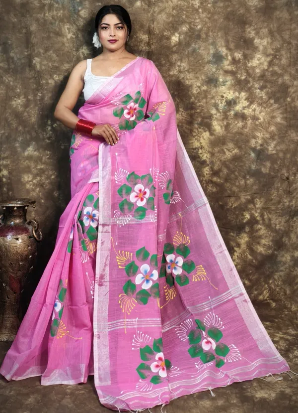 Light_Pink_Handloom_Premium_Quality_Handprint_Flower_Motifs_Women_Cotton_Silk_Saree_For_Women_With_Blouse_Piece