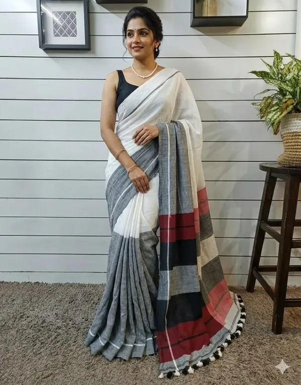 White_and_Gray_Authentic_Bengal_Handloom_Traditional_Cotton_Saree_For_Women_With_Blouse_Piece