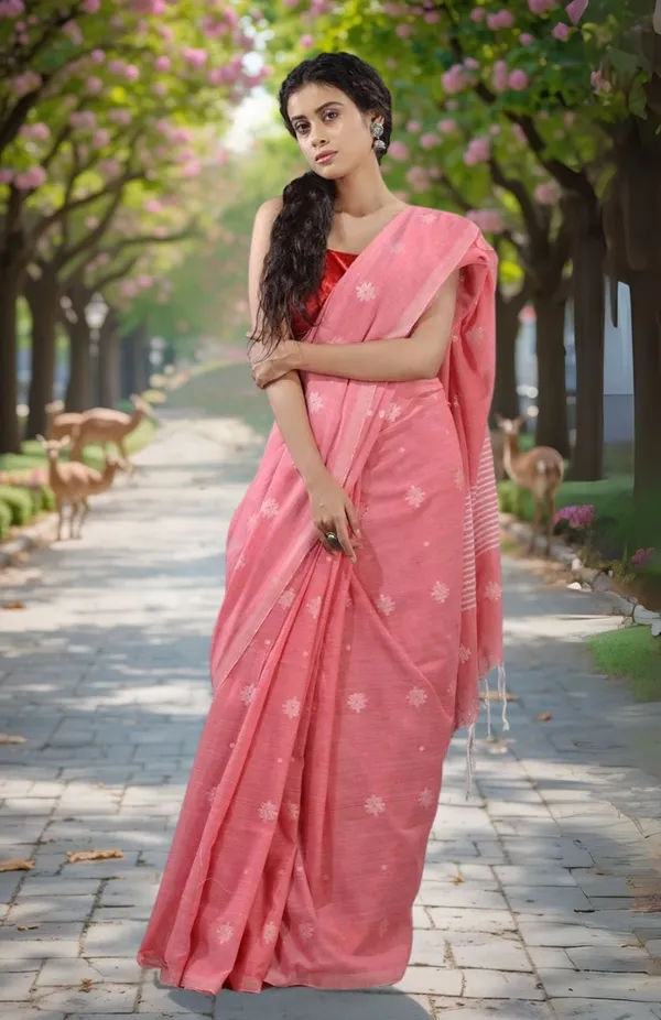 Pestal_Pink_Authentic_Bengal_Handllom_Star_Butta_Disginer_Cotton_Saree_For_Women_With_Blouse_Pcs