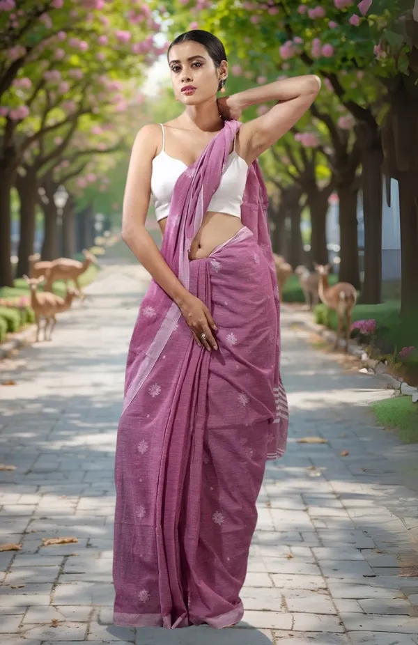 Dusky_Purple_Authentic_Bengal_Handllom_Star_Butta_Disginer_Cotton_Saree_For_Women_With_Blouse_Pcs