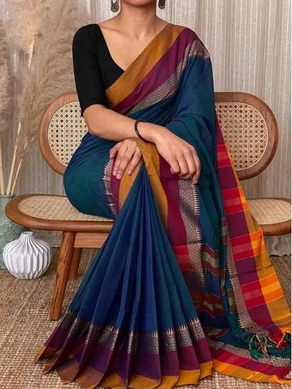 Blue_Self_Work_Border_100%_Pure_Cotton_Handloom_Saree_With_Running_Blouse_Piece