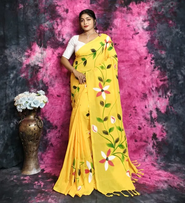 Yellow_Handloom_Cotton_Artistic_Floral_Motif_Handprint_Saree_For_Women_with_Blouse_Piece