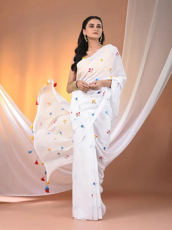 White_White_Authentic_Bengal_Handloom_All_Body_Work_Pure_Mull_Cotton_Soft_Saree_With_Running_Blouse_Piece