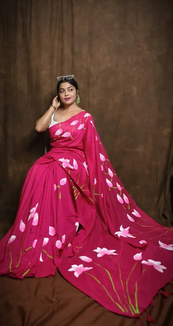 Puja_Special_Pink_Pure_Cotton_Handloom_Hand_Print_Saree_for_Women_with_Blouse_Piece_|_Traditional_Festive_Saree_|_6.3_Meters