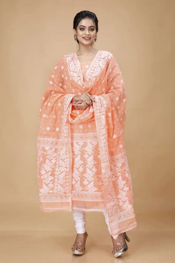 Light_Orange_and_White_Handloom_Dhakai_Jamdani_Unstitched_Silk_Suit_With_Dupatta