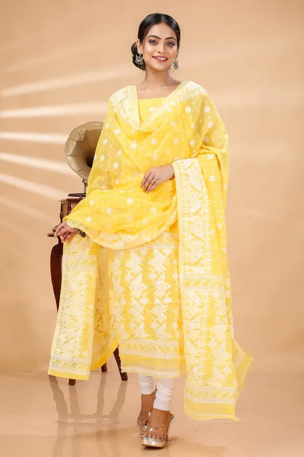 Light_Yellow_and_White_Handloom_Dhakai_Jamdani_Unstitched_Silk_Suit_With_Dupatta