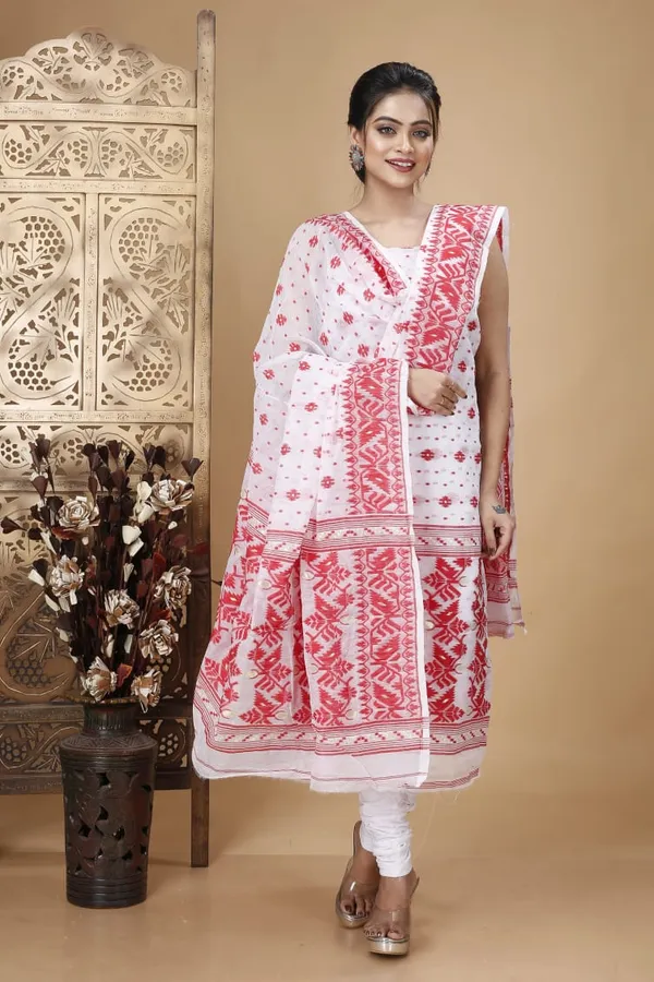 White_and_Red_Handloom_Dhakai_Jamdani_Unstitched_Silk_Suit_With_Dupatta