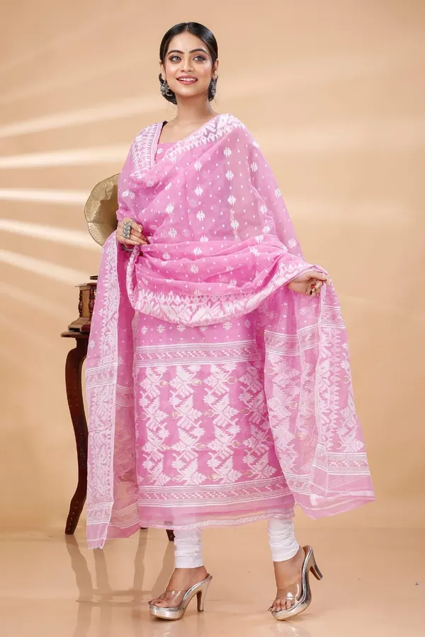 Pink_and_White_Handloom_Dhakai_Jamdani_Unstitched_Silk_Suit_With_Dupatta