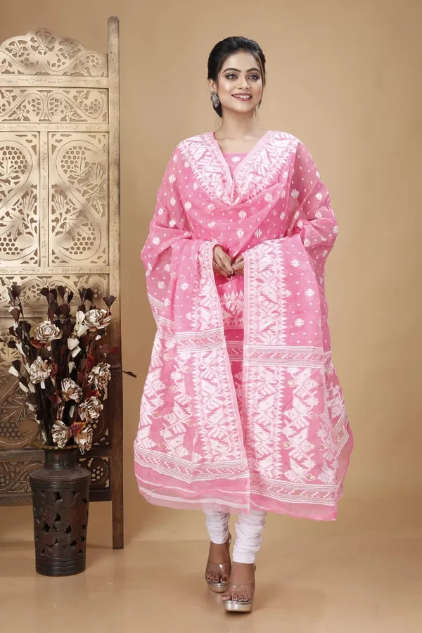Pink_and_White_Handloom_Dhakai_Jamdani_Unstitched_Silk_Suit_With_Dupatta