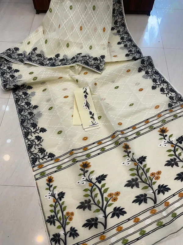 White_Authentic_Bengal_Premium_Quality_Resham_Dhakai_Jamdani_For_Women_With_Blouse_Piece