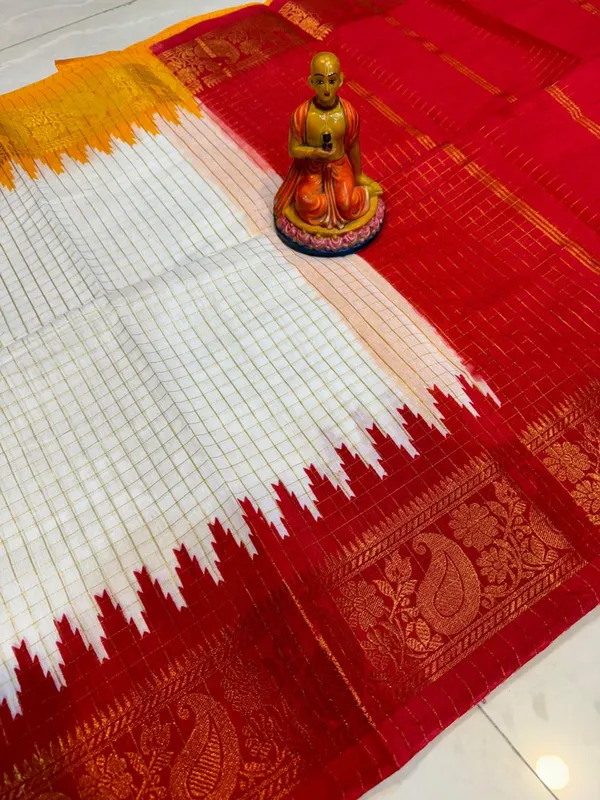 Puja_Special_Yellow_and_Red_Elegant_Handloom_Madurai_Check_Cotton_Slik_Saree_For_Women_with_Blouse_Piece