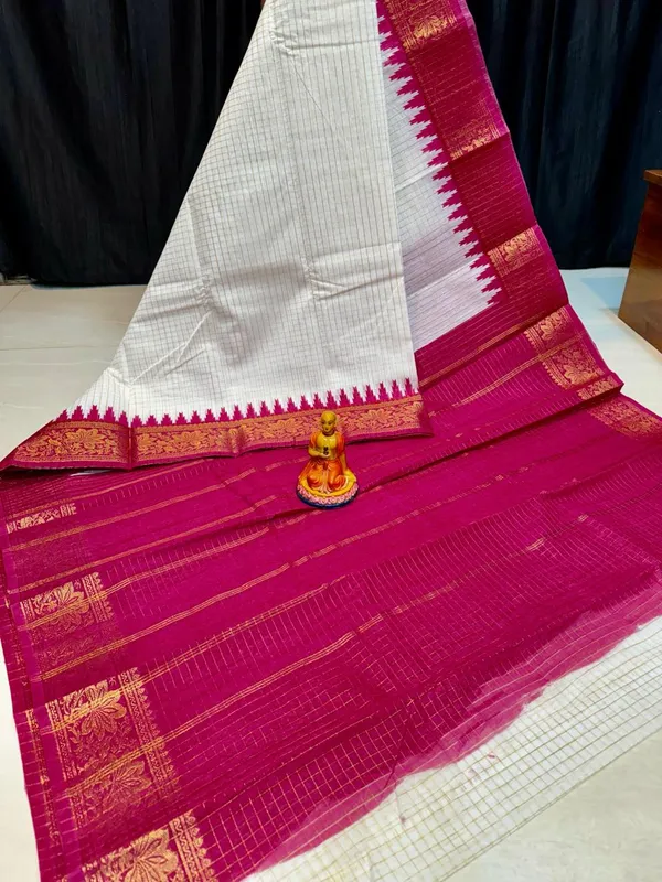White_and_Pink_Elegant_Handloom_Madurai_Check_Cotton_Slik_Saree_For_Women_with_Blouse_Piece