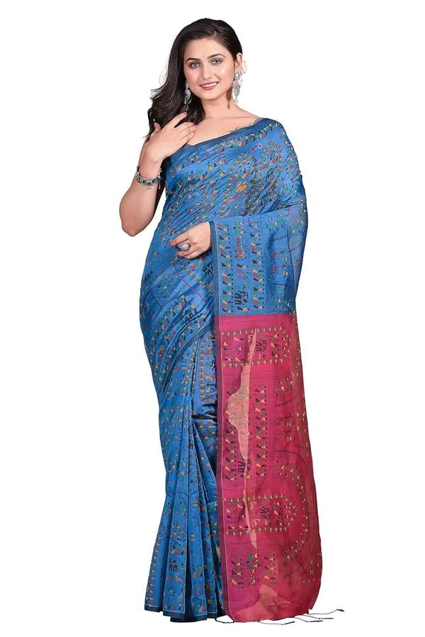 Sky_Blue_And_Pink_Handloom_Premium_Quality_Cotton_Silk_Madhubani_Print_Soft_Saree_With_Blouse_Piece