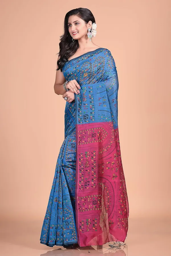 Sky_Blue_And_Pink_Handloom_Premium_Quality_Cotton_Silk_Madhubani_Print_Soft_Saree_With_Blouse_Piece