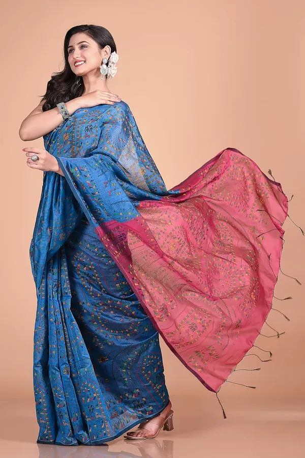 Sky_Blue_And_Pink_Handloom_Premium_Quality_Cotton_Silk_Madhubani_Print_Soft_Saree_With_Blouse_Piece