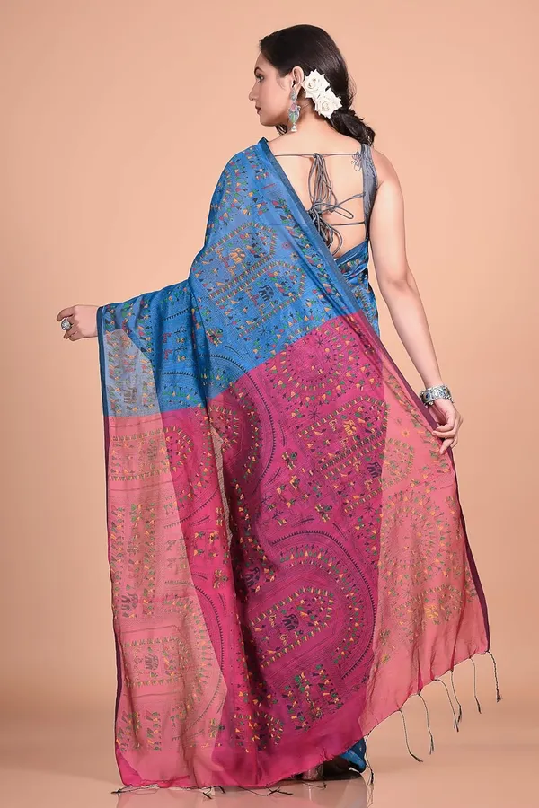 Sky_Blue_And_Pink_Handloom_Premium_Quality_Cotton_Silk_Madhubani_Print_Soft_Saree_With_Blouse_Piece