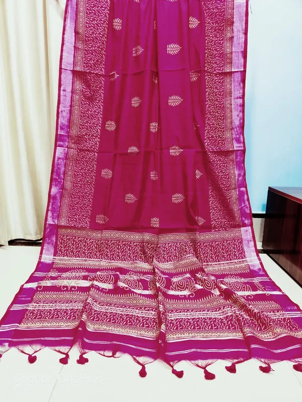 Deep_Pink_Bengal_Traditional_Handllom_Slab_Cotton_Premium_Block_Print_Saree_With_Attached_Blouse_Pcs