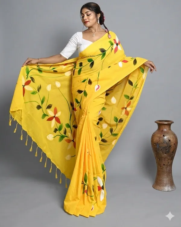 Yellow_Handloom_Cotton_Artistic_Floral_Motif_Handprint_Saree_For_Women_with_Blouse_Piece