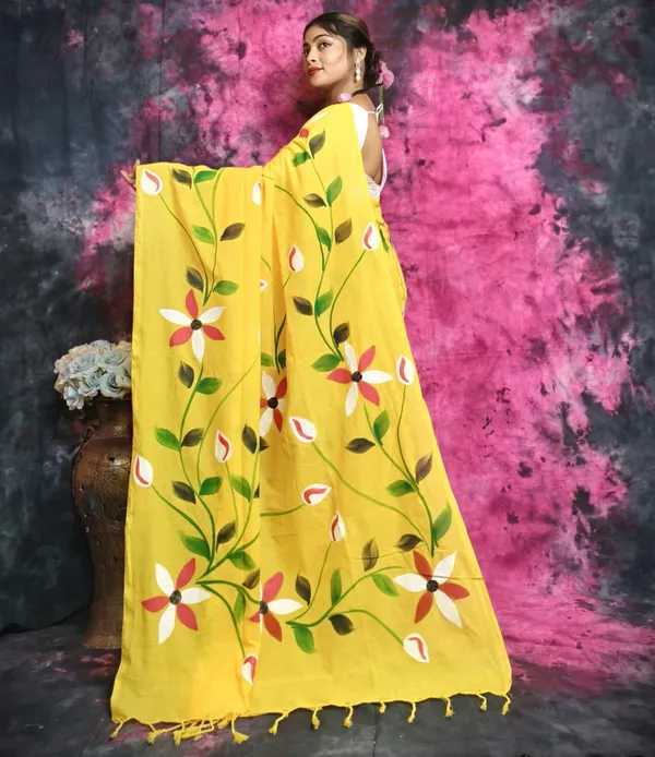 Yellow_Handloom_Cotton_Artistic_Floral_Motif_Handprint_Saree_For_Women_with_Blouse_Piece