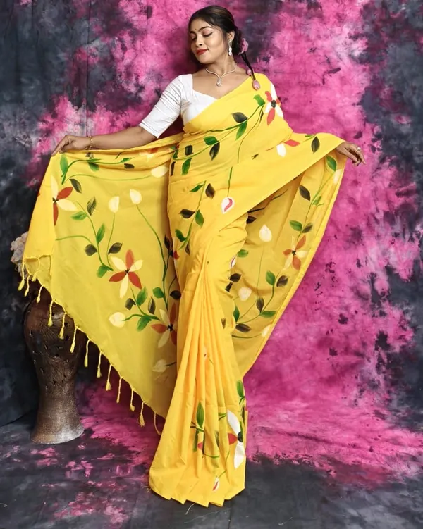 Yellow_Handloom_Cotton_Artistic_Floral_Motif_Handprint_Saree_For_Women_with_Blouse_Piece