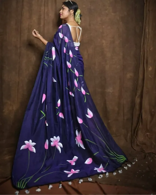 Blue_Handloom_Premium_Quality_Pure_Cotton_Hand_Print_Saree_With_Blouse_Piece