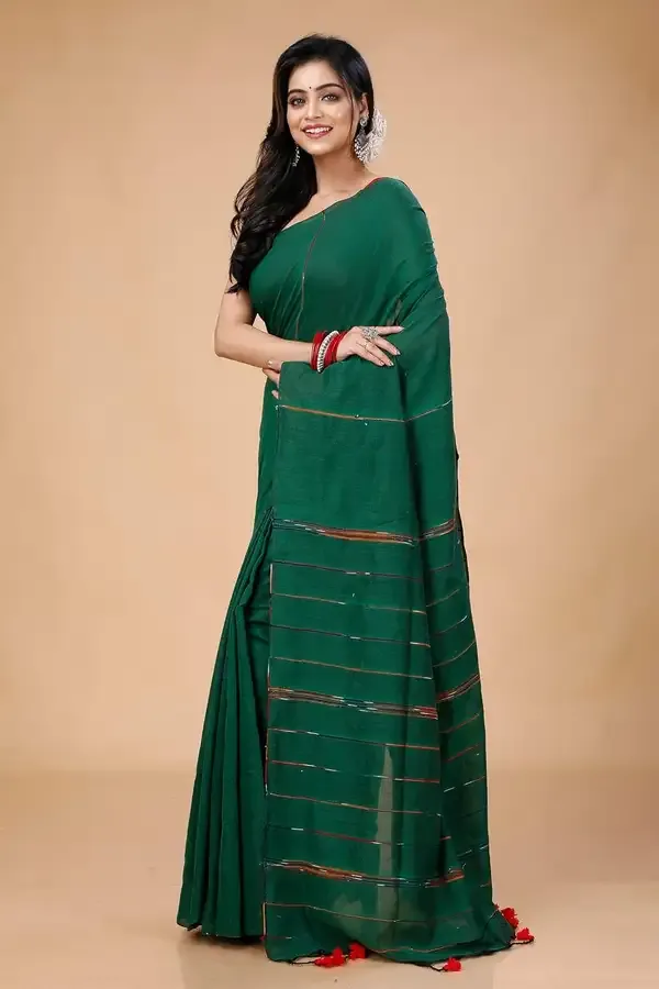 Deep_Green_Handloom_Premium_Quality_Pure_Cotton_Soft_Saree_For_Women_With_Running_Blouse_Piece