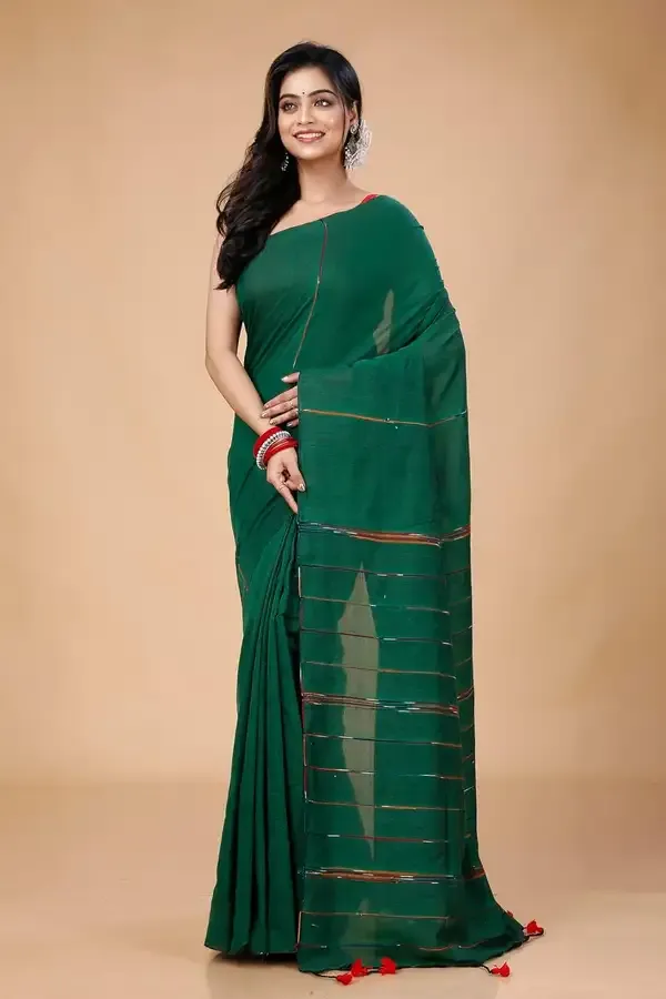 Deep_Green_Handloom_Premium_Quality_Pure_Cotton_Soft_Saree_For_Women_With_Running_Blouse_Piece