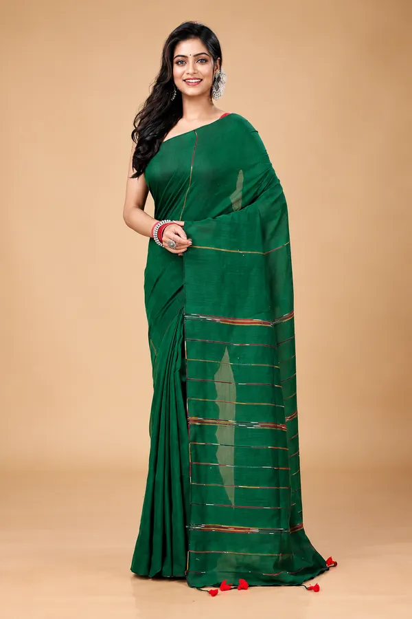 Deep_Green_Handloom_Premium_Quality_Pure_Cotton_Soft_Saree_For_Women_With_Running_Blouse_Piece